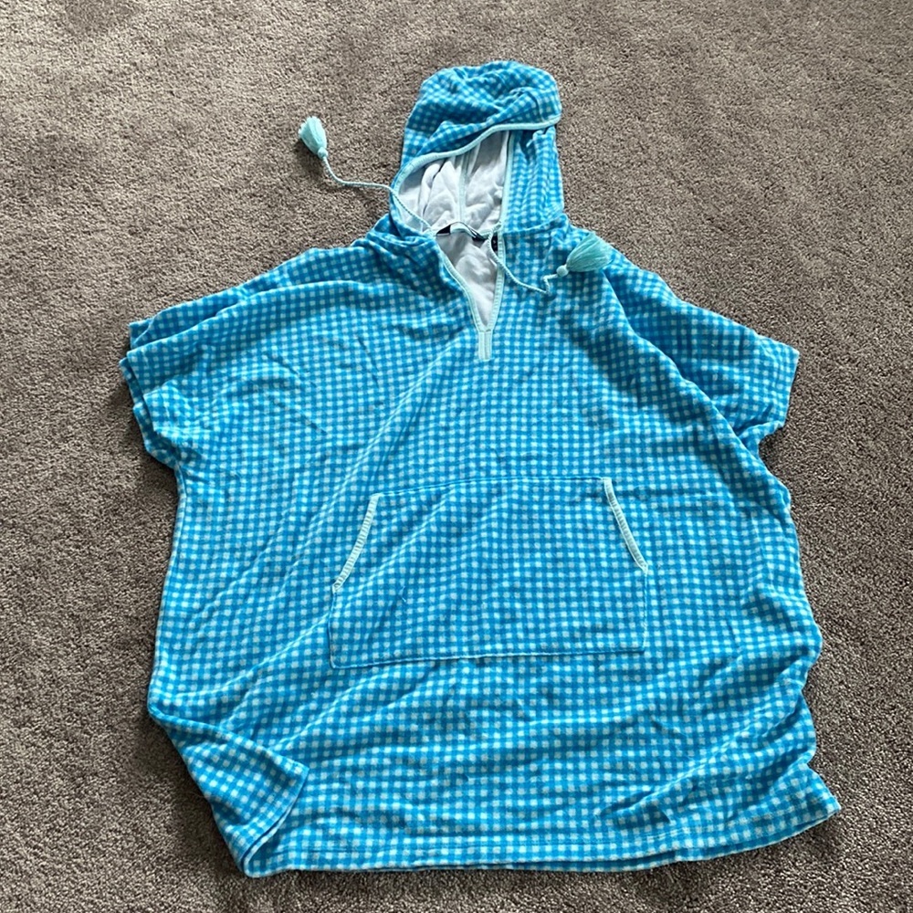 Lands’ End Gingham Beach Cover Up Short Sleeve Terry Hoodie SIZE S-M